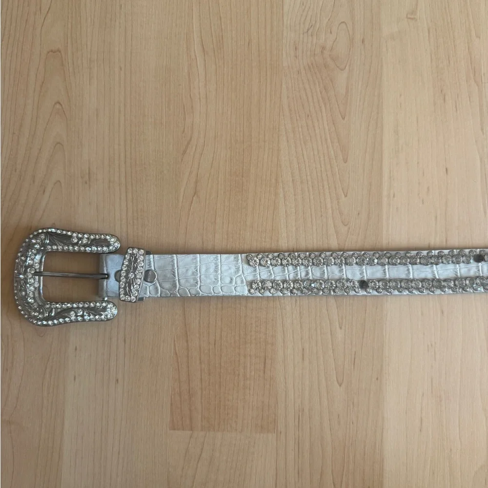 Women’s Beige Leather Belt, Western Bling Rhinestone Cowgirl Rodeo, Est. Size M